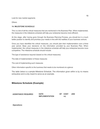 15
Look for new market segments
Others​
14. MILESTONE SCHEDULE
​
This is a list of all the critical measures that are mentioned in the Business Plan. When implemented,
the measures in the milestone schedule will help your enterprise become more efficient.
At this stage, after having gone through the Business Planning Process, you should be in a much
better position to identify and prioritize your needs in line with the realities of your business venture.
​
Once you have identified the critical measures, you should plan their implementation over a three
year period. Base your decisions on the information provided by your Business Plan. When
implemented, the critical measures in the milestone schedule will help your enterprise become more
competitive. The milestone schedule should include:
The type of assistance required (based on the critical measures)
The date of implementation of these measures
The cost of implementing such measures
Other information specific to the business that needs to be monitored at a glance
The table below is a sample Milestone Schedule. The information given within is by no means
exhaustive and is only meant to serve as an example.
Milestone Schedule (Example)
​
ASSISTANCE R​
EQUIRED ​
DATE OF
IMPLEMENTATION​
COST (000
rs)​
Operations​ ​
 