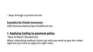 - Buys through a private insurer.
Examples for Private Insurances
UHC,Humana,Aetna,Cigna Healthcare etc.
2. Applying Coding to payment policy
“Back to Basics”(Guidelines)
When submitting medical claims not only you need to give the codes
right but you have to apply the right rules.
 