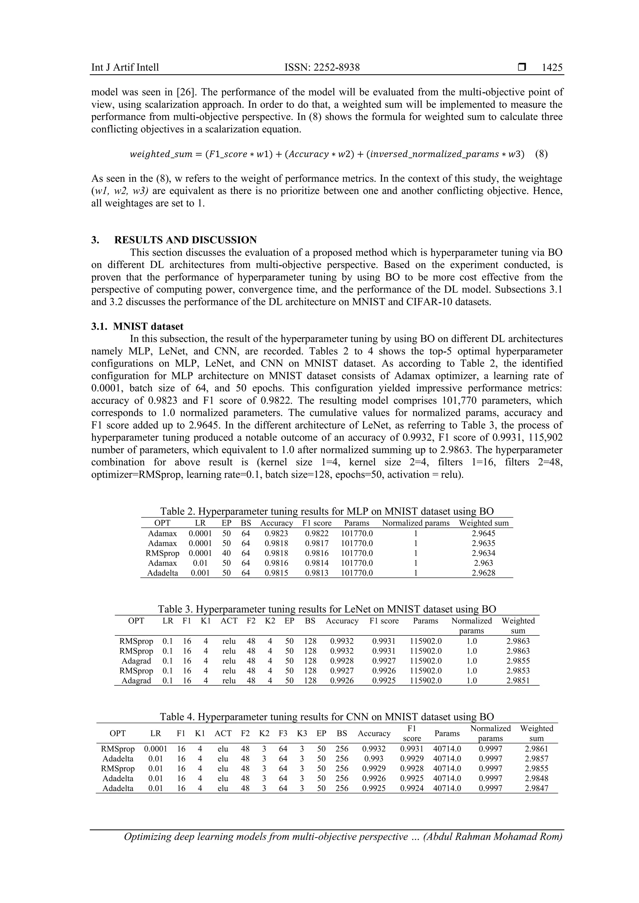 Int J Artif Intell ISSN: 2252-8938 
Optimizing deep learning models from multi-objective perspective … (Abdul Rahman Mohamad Rom)
1425
model was seen in [26]. The performance of the model will be evaluated from the multi-objective point of
view, using scalarization approach. In order to do that, a weighted sum will be implemented to measure the
performance from multi-objective perspective. In (8) shows the formula for weighted sum to calculate three
conflicting objectives in a scalarization equation.
𝑤𝑒𝑖𝑔ℎ𝑡𝑒𝑑_𝑠𝑢𝑚 = (𝐹1_𝑠𝑐𝑜𝑟𝑒 ∗ 𝑤1) + (𝐴𝑐𝑐𝑢𝑟𝑎𝑐𝑦 ∗ 𝑤2) + (𝑖𝑛𝑣𝑒𝑟𝑠𝑒𝑑_𝑛𝑜𝑟𝑚𝑎𝑙𝑖𝑧𝑒𝑑_𝑝𝑎𝑟𝑎𝑚𝑠 ∗ 𝑤3) (8)
As seen in the (8), w refers to the weight of performance metrics. In the context of this study, the weightage
(w1, w2, w3) are equivalent as there is no prioritize between one and another conflicting objective. Hence,
all weightages are set to 1.
3. RESULTS AND DISCUSSION
This section discusses the evaluation of a proposed method which is hyperparameter tuning via BO
on different DL architectures from multi-objective perspective. Based on the experiment conducted, is
proven that the performance of hyperparameter tuning by using BO to be more cost effective from the
perspective of computing power, convergence time, and the performance of the DL model. Subsections 3.1
and 3.2 discusses the performance of the DL architecture on MNIST and CIFAR-10 datasets.
3.1. MNIST dataset
In this subsection, the result of the hyperparameter tuning by using BO on different DL architectures
namely MLP, LeNet, and CNN, are recorded. Tables 2 to 4 shows the top-5 optimal hyperparameter
configurations on MLP, LeNet, and CNN on MNIST dataset. As according to Table 2, the identified
configuration for MLP architecture on MNIST dataset consists of Adamax optimizer, a learning rate of
0.0001, batch size of 64, and 50 epochs. This configuration yielded impressive performance metrics:
accuracy of 0.9823 and F1 score of 0.9822. The resulting model comprises 101,770 parameters, which
corresponds to 1.0 normalized parameters. The cumulative values for normalized params, accuracy and
F1 score added up to 2.9645. In the different architecture of LeNet, as referring to Table 3, the process of
hyperparameter tuning produced a notable outcome of an accuracy of 0.9932, F1 score of 0.9931, 115,902
number of parameters, which equivalent to 1.0 after normalized summing up to 2.9863. The hyperparameter
combination for above result is (kernel size 1=4, kernel size 2=4, filters 1=16, filters 2=48,
optimizer=RMSprop, learning rate=0.1, batch size=128, epochs=50, activation = relu).
Table 2. Hyperparameter tuning results for MLP on MNIST dataset using BO
OPT LR EP BS Accuracy F1 score Params Normalized params Weighted sum
Adamax 0.0001 50 64 0.9823 0.9822 101770.0 1 2.9645
Adamax 0.0001 50 64 0.9818 0.9817 101770.0 1 2.9635
RMSprop 0.0001 40 64 0.9818 0.9816 101770.0 1 2.9634
Adamax 0.01 50 64 0.9816 0.9814 101770.0 1 2.963
Adadelta 0.001 50 64 0.9815 0.9813 101770.0 1 2.9628
Table 3. Hyperparameter tuning results for LeNet on MNIST dataset using BO
OPT LR F1 K1 ACT F2 K2 EP BS Accuracy F1 score Params Normalized
params
Weighted
sum
RMSprop 0.1 16 4 relu 48 4 50 128 0.9932 0.9931 115902.0 1.0 2.9863
RMSprop 0.1 16 4 relu 48 4 50 128 0.9932 0.9931 115902.0 1.0 2.9863
Adagrad 0.1 16 4 relu 48 4 50 128 0.9928 0.9927 115902.0 1.0 2.9855
RMSprop 0.1 16 4 relu 48 4 50 128 0.9927 0.9926 115902.0 1.0 2.9853
Adagrad 0.1 16 4 relu 48 4 50 128 0.9926 0.9925 115902.0 1.0 2.9851
Table 4. Hyperparameter tuning results for CNN on MNIST dataset using BO
OPT LR F1 K1 ACT F2 K2 F3 K3 EP BS Accuracy
F1
score
Params
Normalized
params
Weighted
sum
RMSprop 0.0001 16 4 elu 48 3 64 3 50 256 0.9932 0.9931 40714.0 0.9997 2.9861
Adadelta 0.01 16 4 elu 48 3 64 3 50 256 0.993 0.9929 40714.0 0.9997 2.9857
RMSprop 0.01 16 4 elu 48 3 64 3 50 256 0.9929 0.9928 40714.0 0.9997 2.9855
Adadelta 0.01 16 4 elu 48 3 64 3 50 256 0.9926 0.9925 40714.0 0.9997 2.9848
Adadelta 0.01 16 4 elu 48 3 64 3 50 256 0.9925 0.9924 40714.0 0.9997 2.9847
 