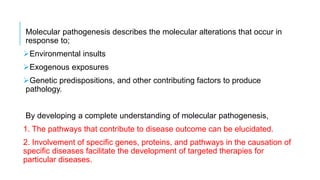 Molecular pathogenesis describes the molecular alterations that occur in
response to;
Environmental insults
Exogenous exposures
Genetic predispositions, and other contributing factors to produce
pathology.
By developing a complete understanding of molecular pathogenesis,
1. The pathways that contribute to disease outcome can be elucidated.
2. Involvement of specific genes, proteins, and pathways in the causation of
specific diseases facilitate the development of targeted therapies for
particular diseases.
 