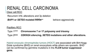 RENAL CELL CARCINOMA
Clear cell RCC
Recurrent VHL alterations and 3p deletion
BAP1 or SETD2 mutated RCCs behave aggressively
Papillary RCC
Type 1 Chromosome 7 or 17 polysomy and trisomy
Type 2 CDKN2A silencing, SETD2 mutations and other alterations.
Hybrid oncocytic chromophobe tumors (HOCT) are associated with Birt-Hogg-
Dubé syndrome (BHD) or renal oncocytosis while others are sporadic. BHD
can be confirmed by germline mutations in the FLCN tumor suppressor
gene.
 