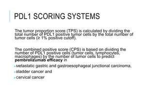 PDL1 SCORING SYSTEMS
The tumor proportion score (TPS) is calculated by dividing the
total number of PDL1 positive tumor cells by the total number of
tumor cells (≥ 1% positive cutoff).
The combined positive score (CPS) is based on dividing the
number of PDL1 positive cells (tumor cells, lymphocytes,
macrophages) by the number of tumor cells to predict
pembrolizumab efficacy in
Metastatic gastric and gastroesophageal junctional carcinoma,
Bladder cancer and
Cervical cancer
 