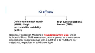 ICI efficacy
Recently, Foundation Medicine’s FoundationOne® CDx, which
includes MSI and TMB assessment, was approved as a companion
diagnostic for pembrolizumab with a cutoff of ≥ 10 mutations per
megabase, regardless of solid tumor type.
Deficient mismatch repair
(dMMR) / high
microsatellite instability
(MSI-H)
High tumor mutational
burden (TMB)
 