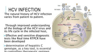 HCV INFECTION
The natural history of HCV infection
varies from patient to patient.
Through improved understanding
of the biology of the HCV virus and
its life cycle in the infected host,
Effective and sensitive diagnostic
tests like Real time RTPCR have
been developed
determination of hepatitis C
genotype, as a key tool, is essential
 