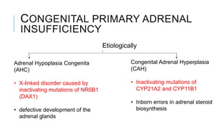 CONGENITAL PRIMARY ADRENAL
INSUFFICIENCY
Etiologically
Adrenal Hypoplasia Congenita
(AHC)
• X-linked disorder caused by
inactivating mutations of NR0B1
(DAX1)
• defective development of the
adrenal glands
Congenital Adrenal Hyperplasia
(CAH)
• Inactivating mutations of
CYP21A2 and CYP11B1
• Inborn errors in adrenal steroid
biosynthesis
 