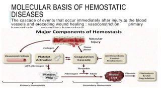 MOLECULAR BASIS OF HEMOSTATIC
DISEASES
The cascade of events that occur immediately after injury to the blood
vessels and preceding wound healing : vasoconstriction primary
hemostasis secondary hemostasis
 