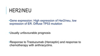 HER2/NEU
•Gene expression: High expression of Her2/neu, low
expression of ER. Diffuse TP53 mutation
•Usually unfavourable prognosis
•Response to Trastuzumab (Herceptin) and response to
chemotherapy with anthracyclins.
 