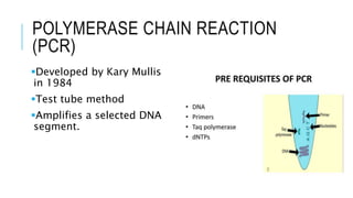 POLYMERASE CHAIN REACTION
(PCR)
Developed by Kary Mullis
in 1984
Test tube method
Amplifies a selected DNA
segment.
 