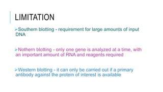 LIMITATION
Southern blotting - requirement for large amounts of input
DNA
Nothern blotting - only one gene is analyzed at a time, with
an important amount of RNA and reagents required
Western blotting - it can only be carried out if a primary
antibody against the protein of interest is available
 