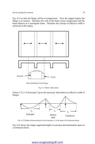 Section design for moment 79
Fig. 4.12 as here the flange will be in compression. Over the support region, the
flange is in tension. Therefore the web of the beam resists compression and the
beam behaves as a rectangular beam. Therefore the concept of effective width is
irrelevant in this region.
Fig. 4.11 Beam−slab system.
Clause 5.3.2.1 of Eurocode 2 gives the necessary information on effective width of
flanges.
Fig. 4.12 Distance between points of zero moments ℓ0 in the spans of a continuous beam.
Fig. 4.13 shows the simply supported lengths in end span and intermediate spans of
a continuous beam.
ℓ0 ℓ0 ℓ0
End span Interior
span
Cantilever
Stress distribution in the flange
Actual
Assumed
www.engbookspdf.com
 