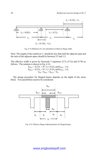 80 Reinforced concrete design to EC 2
Fig. 4.13 Definition of ℓ0 for calculation of effective flange width.
Note: The length of the cantilever ℓ3 should be less than half the adjacent span and
the ratio of the adjacent spans should lie between 2/3 and 1.5.
The effective width is given by Eurocode 2 equations (5.7), (5.7a) and (5.7b) as
follows. The notation is shown in Fig. 4.14.
beffe,1 = 0.2 b1 + 0.1 ℓ0 ≤ 0.2ℓ0 and beffe,1 ≤ b1
beffe,2 = 0.2 b2 + 0.1 ℓ0 ≤ 0.2ℓ0 and beffe,2 ≤ b2
beff = beff,1 + beff, 2 + bw
The design procedure for flanged beams depends on the depth of the stress
block. Two possibilities need to be considered.
Fig. 4.14: Effective flange width parameters for flanged beams.
b1
b2
bW
beff
beff,2
beff,1
b
b1 b2
ℓ1 ℓ2 ℓ3
ℓ0 = 0.85ℓ1 ℓ0 = 0.7ℓ2
ℓ0 = 0.15ℓ2 +ℓ3
ℓ0 = 0.15(ℓ1 +ℓ2)
www.engbookspdf.com
 