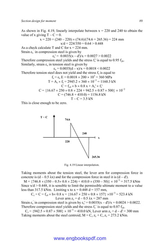Section design for moment 89
As shown in Fig. 4.19, linearly interpolate between x = 220 and 240 to obtain the
value of x giving T – C = 0.
x = 220 + (240 – 220)  (74.6)/(74.6 + 265.36) = 224 mm
x/d = 224/350 = 0.64 > 0.448
As a check calculate T and C for x = 224 mm.
Strain εs
’
in compression steel is given by
εs' = 0.0035(x – d')/x = 0.0027 > 0.0022
Therefore compression steel yields and the stress fs' is equal to 0.95 fyk.
Similarly, strain εs in tension steel is given by
εs = 0.0035(d – x)/x = 0.0018 < 0.0022
Therefore tension steel does not yield and the stress fs is equal to
fs = εs E = 0.0018  200  103
= 360 MPa
T = As  fs = 2945.2  360  10−3
= 1160.3 kN
C = fcd  b  0.8 x + As'  fs'
C = {16.67  250  0.8  224 + 942.5  0.87  500}  10−3
C = (746.8 + 410.0) = 1156.8 kN
T – C = 3.5 kN
This is close enough to be zero.
Fig. 4.19 Linear interpolation.
Taking moments about the tension steel, the lever arm for compression force in
concrete is (d – 0.5 λx) and for the compression force in steel it is (d – d').
M = {746.8  (350 – 0.5 0.8  224) + 410.0  (350 – 50)}  10−3
= 317.5 kNm
Since x/d > 0.448, it is sensible to limit the permissible ultimate moment to a value
less than 317.5 kNm. Limiting x to x = 0.448 d = 157 mm,
Cc = C = fcd  b 0.8 x = {16.67  250  0.8  157} 10−3
= 523.4 kN
Lever arm zc = d – 0.5 λx = 287 mm
Strain εs
'
in compression steel is given by εs' = 0.0035(x – d')/x = 0.0024 > 0.0022.
Therefore compression steel yields and the stress fs` is equal to 0.87 fyk.
Cs = {942.5  0.87  500}  10−3
= 410.0 kN, Lever arm zs = d – d' = 300 mm
Taking moments about the steel centroid, M = Cc zc + Cs zs = 273.2 kNm.
74.6
265.36
T − C
x
220
240
www.engbookspdf.com
 