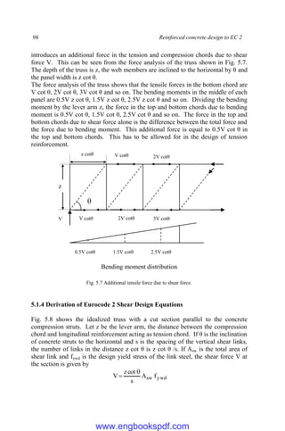 96 Reinforced concrete design to EC 2
introduces an additional force in the tension and compression chords due to shear
force V. This can be seen from the force analysis of the truss shown in Fig. 5.7.
The depth of the truss is z, the web members are inclined to the horizontal by θ and
the panel width is z cot θ.
The force analysis of the truss shows that the tensile forces in the bottom chord are
V cot θ, 2V cot θ, 3V cot θ and so on. The bending moments in the middle of each
panel are 0.5V z cot θ, 1.5V z cot θ, 2.5V z cot θ and so on. Dividing the bending
moment by the lever arm z, the force in the top and bottom chords due to bending
moment is 0.5V cot θ, 1.5V cot θ, 2.5V cot θ and so on. The force in the top and
bottom chords due to shear force alone is the difference between the total force and
the force due to bending moment. This additional force is equal to 0.5V cot θ in
the top and bottom chords. This has to be allowed for in the design of tension
reinforcement.
Fig. 5.7 Additional tensile force due to shear force.
5.1.4 Derivation of Eurocode 2 Shear Design Equations
Fig. 5.8 shows the idealized truss with a cut section parallel to the concrete
compression struts. Let z be the lever arm, the distance between the compression
chord and longitudinal reinforcement acting as tension chord. If θ is the inclination
of concrete struts to the horizontal and s is the spacing of the vertical shear links,
the number of links in the distance z cot θ is z cot θ /s. If Asw is the total area of
shear link and fywd is the design yield stress of the link steel, the shear force V at
the section is given by
ywd
sw f
A
s
cot
z
V


z
z cotθ
θ
V V cotθ 2V cotθ 3V cotθ
V cotθ 2V cotθ
0.5V cotθ 1.5V cotθ 2.5V cotθ
Bending moment distribution
www.engbookspdf.com
 
