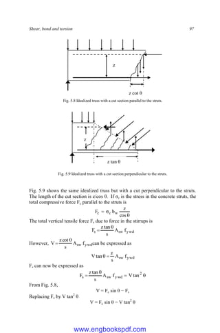 Shear, bond and torsion 97
Fig. 5.8 Idealized truss with a cut section parallel to the struts.
Fig. 5.9 Idealized truss with a cut section perpendicular to the struts.
Fig. 5.9 shows the same idealized truss but with a cut perpendicular to the struts.
The length of the cut section is z/cos θ. If σc is the stress in the concrete struts, the
total compressive force Fc parallel to the struts is



cos
z
b
F w
c
c
The total vertical tensile force Fs due to force in the stirrups is
ywd
sw
s f
A
s
tan
z
F


However, ywd
sw f
A
s
cot
z
V

 can be expressed as
ywd
sw f
A
s
z
tan
V 

Fs can now be expressed as



 2
ywd
sw
s tan
V
f
A
s
tan
z
F
From Fig. 5.8,
V = Fc sin θ − Fs
Replacing Fs by V tan2
θ
V = Fc sin θ − V tan2
θ
z
z tan θ
z
z cot θ
www.engbookspdf.com
 