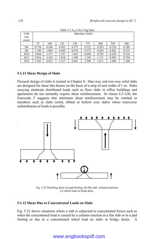 116 Reinforced concrete design to EC 2
Table 5.3 Asw/s for 2-leg links
Link
size
(mm)
Spacing s (mm)
75 100 125 150 175 200 250 300
H6 0.754 0.566 0.452 0.377 0.323 0.283 0.226 0.189
H8 1.340 1.005 0.804 0.670 0.575 0.503 0.402 0.335
H10 2.094 1.571 1.257 1.047 0.898 0.785 0.628 0.524
H12 3.016 2.262 1.810 1.508 1.293 1.131 0.905 0.754
H16 5.362 4.021 3.217 2.681 2.298 2.011 1.609 1.340
5.1.11 Shear Design of Slabs
Flexural design of slabs is treated in Chapter 8. One-way and two-way solid slabs
are designed for shear like beams on the basis of a strip of unit width of 1 m. Slabs
carrying moderate distributed loads such as floor slabs in office buildings and
apartments do not normally require shear reinforcement. In clause 6.2.1(4), the
Eurocode 2 suggests that minimum shear reinforcement may be omitted in
members such as slabs (solid, ribbed or hollow core slabs) where transverse
redistribution of loads is possible.
Fig. 5.22 Punching shear (a) pad footing; (b) flat slab−column junction;
(c) wheel load on bride deck..
5.1.12 Shear Due to Concentrated Loads on Slabs
Fig. 5.22 shows situations where a slab is subjected to concentrated forces such as
when the concentrated load is caused by a column reaction in a flat slab or in a pad
footing or due to a concentrated wheel load on slabs in bridge decks. A
www.engbookspdf.com
 