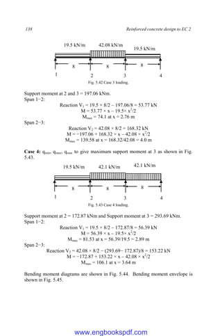 138 Reinforced concrete design to EC 2
Fig. 5.42 Case 3 loading.
Support moment at 2 and 3 = 197.06 kNm.
Span 1−2:
Reaction V1 = 19.5 × 8/2 – 197.06/8 = 53.77 kN
M = 53.77 × x – 19.5× x2
/2
Mmax = 74.1 at x = 2.76 m
Span 2−3:
Reaction V2 = 42.08 × 8/2 = 168.32 kN
M = −197.06 + 168.32 × x – 42.08 × x2
/2
Mmax = 139.58 at x = 168.32/42.08 = 4.0 m
Case 4: qmin, qmax, qmax to give maximum support moment at 3 as shown in Fig.
5.43.
Fig. 5.43 Case 4 loading.
Support moment at 2 = 172.87 kNm and Support moment at 3 = 293.69 kNm.
Span 1−2:
Reaction V1 = 19.5 × 8/2 – 172.87/8 = 56.39 kN
M = 56.39 × x – 19.5× x2
/2
Mmax = 81.53 at x = 56.39/19.5 = 2.89 m
Span 2−3:
Reaction V2 = 42.08 × 8/2 − (293.69− 172.87)/8 = 153.22 kN
M = −172.87 + 153.22 × x – 42.08 × x2
/2
Mmax = 106.1 at x = 3.64 m
Bending moment diagrams are shown in Fig. 5.44. Bending moment envelope is
shown in Fig. 5.45.
8 8
19.5 kN/m
8
42.1 kN/m 42.1 kN/m
1 2 3 4
8 8
19.5 kN/m
8
42.08 kN/m
19.5 kN/m
1 2 3 4
www.engbookspdf.com
 