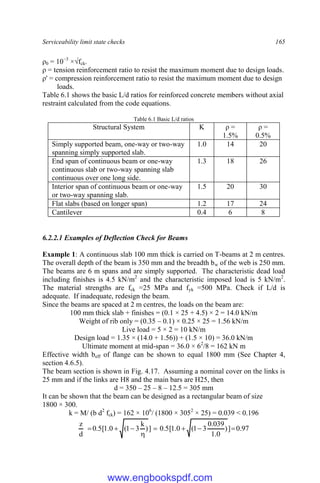 Serviceability limit state checks 165
ρ0 = 10−3
×√fck.
ρ = tension reinforcement ratio to resist the maximum moment due to design loads.
ρ' = compression reinforcement ratio to resist the maximum moment due to design
loads.
Table 6.1 shows the basic L/d ratios for reinforced concrete members without axial
restraint calculated from the code equations.
Table 6.1 Basic L/d ratios
Structural System K ρ =
1.5%
ρ =
0.5%
Simply supported beam, one-way or two-way
spanning simply supported slab.
1.0 14 20
End span of continuous beam or one-way
continuous slab or two-way spanning slab
continuous over one long side.
1.3 18 26
Interior span of continuous beam or one-way
or two-way spanning slab.
1.5 20 30
Flat slabs (based on longer span) 1.2 17 24
Cantilever 0.4 6 8
6.2.2.1 Examples of Deflection Check for Beams
Example 1: A continuous slab 100 mm thick is carried on T-beams at 2 m centres.
The overall depth of the beam is 350 mm and the breadth bw of the web is 250 mm.
The beams are 6 m spans and are simply supported. The characteristic dead load
including finishes is 4.5 kN/m2
and the characteristic imposed load is 5 kN/m2
.
The material strengths are fck =25 MPa and fyk =500 MPa. Check if L/d is
adequate. If inadequate, redesign the beam.
Since the beams are spaced at 2 m centres, the loads on the beam are:
100 mm thick slab + finishes = (0.1 × 25 + 4.5) × 2 = 14.0 kN/m
Weight of rib only = (0.35 – 0.1) × 0.25 × 25 = 1.56 kN/m
Live load = 5 × 2 = 10 kN/m
Design load = 1.35 × (14.0 + 1.56)) + (1.5 × 10) = 36.0 kN/m
Ultimate moment at mid-span = 36.0 × 62
/8 = 162 kN m
Effective width beff of flange can be shown to equal 1800 mm (See Chapter 4,
section 4.6.5).
The beam section is shown in Fig. 4.17. Assuming a nominal cover on the links is
25 mm and if the links are H8 and the main bars are H25, then
d = 350 – 25 – 8 – 12.5 = 305 mm
It can be shown that the beam can be designed as a rectangular beam of size
1800 × 300.
k = M/ (b d2
fck) = 162 × 106
/ (1800 × 3052
× 25) = 0.039 < 0.196
97
.
0
]
)
0
.
1
039
.
0
3
1
(
0
.
1
[
5
.
0
]
)
k
3
1
(
0
.
1
[
5
.
0
d
z








www.engbookspdf.com
 