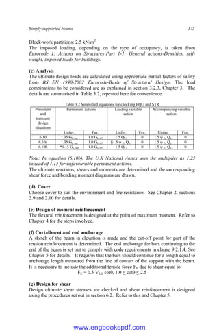 Simply supported beams 175
Block-work partitions: 2.5 kN/m2
The imposed loading, depending on the type of occupancy, is taken from
Eurocode 1: Actions on Structures-Part 1-1: General actions-Densities, self-
weight, imposed loads for buildings.
(c) Analysis
The ultimate design loads are calculated using appropriate partial factors of safety
from BS EN 1990-2002 Eurocode-Basis of Structural Design. The load
combinations to be considered are as explained in section 3.2.3, Chapter 3. The
details are summarised in Table 3.2, repeated here for convenience.
Table 3.2 Simplified equations for checking EQU and STR
Persistent
and
transient
design
situations
Permanent actions Leading variable
action
Accompanying variable
action
Unfav. Fav. Unfav. Fav. Unfav. Fav.
6.10 1.35 Gk, sup 1.0 Gk, inf 1.5 Qk,1 0 1.5 ψ 0,i Qk,i 0
6.10a 1.35 Gk, sup 1.0 Gk, inf §1.5 ψ 0,i Qk,1 0 1.5 ψ 0,i Qk,i 0
6.10b *1.15 Gk, sup 1.0 Gk, inf 1.5 Qk,1 0 1.5 ψ 0,i Qk,i 0
Note: In equation (6.10b), The U.K National Annex uses the multiplier as 1.25
instead of 1.15 for unfavourable permanent actions.
The ultimate reactions, shears and moments are determined and the corresponding
shear force and bending moment diagrams are drawn.
(d). Cover
Choose cover to suit the environment and fire resistance. See Chapter 2, sections
2.9 and 2.10 for details.
(e) Design of moment reinforcement
The flexural reinforcement is designed at the point of maximum moment. Refer to
Chapter 4 for the steps involved.
(f) Curtailment and end anchorage
A sketch of the beam in elevation is made and the cut-off point for part of the
tension reinforcement is determined. The end anchorage for bars continuing to the
end of the beam is set out to comply with code requirements in clause 9.2.1.4. See
Chapter 5 for details. It requires that the bars should continue for a length equal to
anchorage length measured from the line of contact of the support with the beam.
It is necessary to include the additional tensile force FE due to shear equal to
FE = 0.5 VED cotθ, 1.0 ≤ cotθ ≤ 2.5
(g) Design for shear
Design ultimate shear stresses are checked and shear reinforcement is designed
using the procedures set out in section 6.2. Refer to this and Chapter 5.
www.engbookspdf.com
 
