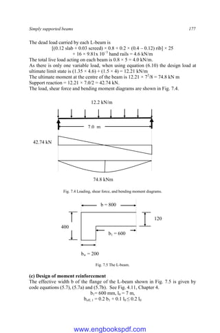 Simply supported beams 177
The dead load carried by each L-beam is
[(0.12 slab + 0.03 screed) × 0.8 + 0.2 × (0.4 – 0.12) rib] × 25
+ 16 × 9.81x 10−3
hand rails = 4.6 kN/m
The total live load acting on each beam is 0.8 × 5 = 4.0 kN/m.
As there is only one variable load, when using equation (6.10) the design load at
ultimate limit state is (1.35 × 4.6) + (1.5 × 4) = 12.21 kN/m
The ultimate moment at the centre of the beam is 12.21 × 72
/8 = 74.8 kN m
Support reaction = 12.21 × 7.0/2 = 42.74 kN.
The load, shear force and bending moment diagrams are shown in Fig. 7.4.
Fig. 7.4 Loading, shear force, and bending moment diagrams.
Fig. 7.5 The L-beam.
(c) Design of moment reinforcement
The effective width b of the flange of the L-beam shown in Fig. 7.5 is given by
code equations (5.7), (5.7a) and (5.7b). See Fig. 4.11, Chapter 4.
b1= 600 mm, l0 = 7 m,
beff, 1 = 0.2 b1 + 0.1 l0 ≤ 0.2 l0
12.2 kN/m
74.8 kNm
42.74 kN
7.0 m
b1 = 600
bw = 200
b = 800
120
400
www.engbookspdf.com
 