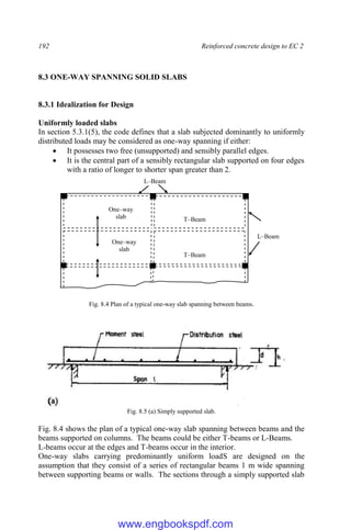 192 Reinforced concrete design to EC 2
8.3 ONE-WAY SPANNING SOLID SLABS
8.3.1 Idealization for Design
Uniformly loaded slabs
In section 5.3.1(5), the code defines that a slab subjected dominantly to uniformly
distributed loads may be considered as one-way spanning if either:
 It possesses two free (unsupported) and sensibly parallel edges.
 It is the central part of a sensibly rectangular slab supported on four edges
with a ratio of longer to shorter span greater than 2.
Fig. 8.4 Plan of a typical one-way slab spanning between beams.
Fig. 8.5 (a) Simply supported slab.
Fig. 8.4 shows the plan of a typical one-way slab spanning between beams and the
beams supported on columns. The beams could be either T-beams or L-Beams.
L-beams occur at the edges and T-beams occur in the interior.
One-way slabs carrying predominantly uniform loadS are designed on the
assumption that they consist of a series of rectangular beams 1 m wide spanning
between supporting beams or walls. The sections through a simply supported slab
L–Beam
L–Beam
T–Beam
T–Beam
One–way
slab
One–way
slab
www.engbookspdf.com
 