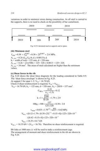218 Reinforced concrete design to EC 2
variations in order to minimize errors during construction. As all steel is carried to
the supports, there is no need to check on the possibility of bar curtailment.
Fig. 8.23 Calculated steel at supports and in spans.
(iii) Minimum steel
MPa
6
.
2
25
30
.
0
f
30
.
0
f 667
.
0
667
.
0
ck
ctm 



 .
As, min = 0.26 (fctm/fyk) bt d ≥ 0.0013 bt d.
bt = width of web = 125 mm, d = 320 mm.
As, min = 0.26 × (2.6/500) × 125× 320 ≥ 0.0013 × 125× 320.
As, min = 54 mm2
. The areas of steel calculated are higher than the minimum
values.
(e) Shear forces in the rib
Fig. 8.24 shows the shear force diagrams for the loading considered in Table 8.9.
The ‘shear force envelope’ is shown in Fig. 8.25.
At support 2 for span 1–2: VEd = 16.70 kN.
Check if shear reinforcement is required, VEd > VRd, c.
VEd = 16.70 kN, bw = 125 mm, d = 320 mm, Asl = 2H10 = 157 mm2
.
12
.
0
)
5
.
1
(
18
.
0
C
c
c
,
Rd 



0
.
2
79
.
1
320
200
1
k 



0
.
2
39
.
0
320
125
157
100
100 1 





MPa
42
.
0
25
79
.
1
035
.
0
v 5
.
1
min 



kN
7
.
16
35
.
18
V
10
320
125
]
0
15
.
0
42
.
0
[
10
320
125
]
0
15
.
0
}
25
39
.
0
{
79
.
1
12
.
0
[
V
c
,
Rd
3
3
3
/
1
c
,
Rd



















VRd, c = 18.35 kN > (VEd = 16.70). Therefore no shear reinforcement is required.
H6 links at 1000 mm c/c will be used to make a reinforcement cage.
The arrangement of moment and shear reinforcement in the rib are shown in
Fig. 8.26.
2H10 2H10
2H10
2H10 2H10
2H8 2H8
www.engbookspdf.com
 