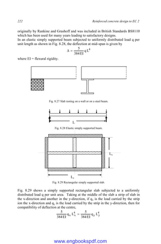 222 Reinforced concrete design to EC 2
originally by Rankine and Grashoff and was included in British Standards BS8110
which has been used for many years leading to satisfactory designs.
In an elastic simply supported beam subjected to uniformly distributed load q per
unit length as shown in Fig. 8.28, the deflection at mid-span is given by
4
L
q
EI
384
5


where EI = flexural rigidity.
Fig. 8.27 Slab resting on a wall or on a steel beam.
Fig. 8.28 Elastic simply supported beam.
Fig. 8.29 Rectangular simply supported slab.
Fig. 8.29 shows a simply supported rectangular slab subjected to a uniformly
distributed load q per unit area. Taking at the middle of the slab a strip of slab in
the x-direction and another in the y-direction, if qx is the load carried by the strip
ion the x-direction and qy is the load carried by the strip in the y-direction, then for
compatibility of deflection at the centre,
4
y
y
4
x
x L
q
EI
384
5
L
q
EI
384
5

Ly
Lx
L
www.engbookspdf.com
 