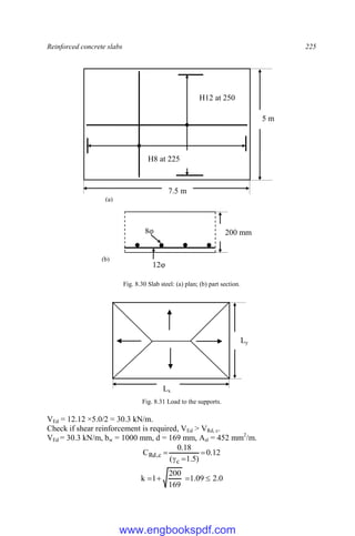 Reinforced concrete slabs 225
Fig. 8.30 Slab steel: (a) plan; (b) part section.
Fig. 8.31 Load to the supports.
VEd = 12.12 ×5.0/2 = 30.3 kN/m.
Check if shear reinforcement is required, VEd > VRd, c.
VEd = 30.3 kN/m, bw = 1000 mm, d = 169 mm, Asl = 452 mm2
/m.
12
.
0
)
5
.
1
(
18
.
0
C
c
c
,
Rd 



0
.
2
09
.
1
169
200
1
k 



Ly
Lx
5 m
7.5 m
H12 at 250
H8 at 225
200 mm
12φ
8φ
(a)
(b)
www.engbookspdf.com
 