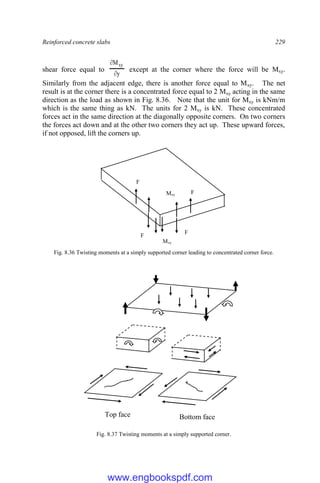 Reinforced concrete slabs 229
shear force equal to
y
Mxy


except at the corner where the force will be Mxy.
Similarly from the adjacent edge, there is another force equal to Mxy. The net
result is at the corner there is a concentrated force equal to 2 Mxy acting in the same
direction as the load as shown in Fig. 8.36. Note that the unit for Mxy is kNm/m
which is the same thing as kN. The units for 2 Mxy is kN. These concentrated
forces act in the same direction at the diagonally opposite corners. On two corners
the forces act down and at the other two corners they act up. These upward forces,
if not opposed, lift the corners up.
Fig. 8.36 Twisting moments at a simply supported corner leading to concentrated corner force.
Fig. 8.37 Twisting moments at a simply supported corner.
Top face Bottom face
Mxy
Mxy
F
F
F
F
www.engbookspdf.com
 