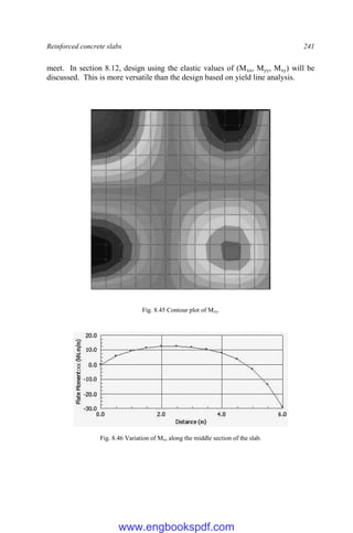 Reinforced concrete slabs 241
meet. In section 8.12, design using the elastic values of (Mxx, Myy, Mxy) will be
discussed. This is more versatile than the design based on yield line analysis.
Fig. 8.45 Contour plot of Mxy.
Fig. 8.46 Variation of Mxx along the middle section of the slab.
www.engbookspdf.com
 