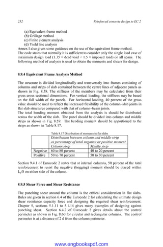 252 Reinforced concrete design to EC 2
(a) Equivalent frame method
(b) Grillage method
(c) Finite element analysis
(d) Yield line analysis
Annex I also gives some guidance on the use of the equivalent frame method.
The code states that normally it is sufficient to consider only the single load case of
maximum design load (1.35 × dead load + 1.5 × imposed load) on all spans. The
following method of analysis is used to obtain the moments and shears for design.
8.9.4 Equivalent Frame Analysis Method
The structure is divided longitudinally and transversely into frames consisting of
columns and strips of slab contained between the centre lines of adjacent panels as
shown in Fig. 8.58. The stiffness of the members may be calculated from their
gross cross sectional dimensions. For vertical loading, the stiffness may be based
on the full width of the panels. For horizontal loading, 40 percent of the gross
value should be used to reflect the increased flexibility of the column–slab joints in
flat slab structures compared with that of column–beam joints.
The total bending moment obtained from the analysis is should be distributed
across the width of the slab. The panel should be divided into column and middle
strips as shown in Fig. 8.59. The bending moment should be apportioned to the
strips as shown in Table 8.17.
Table 8.17 Distribution of moments in flat slabs
Distribution between column and middle strip
as percentage of total negative or positive moment
Column strip Middle strip
Negative 60 to 80 percent 40 to 20 percent
Positive 50 to 70 percent 50 to 30 percent
Section 9.4.1 of Eurocode 2 states that at internal columns, 50 percent of the total
reinforcement to resist the negative (hogging) moment should be placed within
Ly/8 on either side of the column.
8.9.5 Shear Force and Shear Resistance
The punching shear around the column is the critical consideration in flat slabs.
Rules are given in section 6.4 of the Eurocode 2 for calculating the ultimate design
shear resistance capacity force and designing the required shear reinforcement.
Chapter 5, sections 5.1.11 to 5.1.14 gives many examples of designing against
punching shear. Section 6.4.2 of Eurocode 2 gives details about the control
perimeter as shown in Fig. 8.60 for circular and rectangular columns. The control
perimeter is at a distance of 2 d from the column perimeter.
www.engbookspdf.com
 