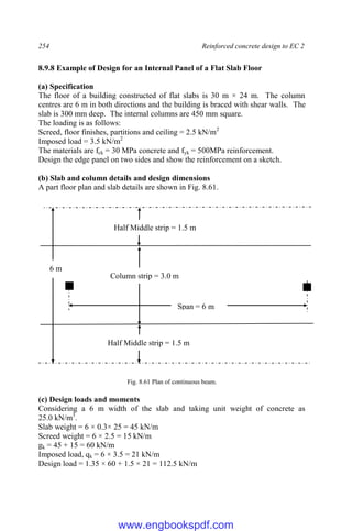 254 Reinforced concrete design to EC 2
8.9.8 Example of Design for an Internal Panel of a Flat Slab Floor
(a) Specification
The floor of a building constructed of flat slabs is 30 m × 24 m. The column
centres are 6 m in both directions and the building is braced with shear walls. The
slab is 300 mm deep. The internal columns are 450 mm square.
The loading is as follows:
Screed, floor finishes, partitions and ceiling = 2.5 kN/m2
Imposed load = 3.5 kN/m2
The materials are fck = 30 MPa concrete and fyk = 500MPa reinforcement.
Design the edge panel on two sides and show the reinforcement on a sketch.
(b) Slab and column details and design dimensions
A part floor plan and slab details are shown in Fig. 8.61.
Fig. 8.61 Plan of continuous beam.
(c) Design loads and moments
Considering a 6 m width of the slab and taking unit weight of concrete as
25.0 kN/m3
.
Slab weight = 6 × 0.3× 25 = 45 kN/m
Screed weight = 6 × 2.5 = 15 kN/m
gk = 45 + 15 = 60 kN/m
Imposed load, qk = 6 × 3.5 = 21 kN/m
Design load = 1.35 × 60 + 1.5 × 21 = 112.5 kN/m
Half Middle strip = 1.5 m
Column strip = 3.0 m
6 m
Span = 6 m
Half Middle strip = 1.5 m
www.engbookspdf.com
 