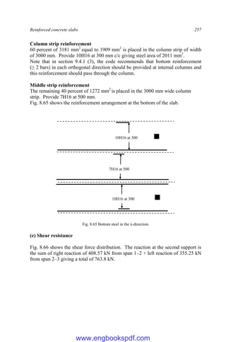 Reinforced concrete slabs 257
Column strip reinforcement
60 percent of 3181 mm2
equal to 1909 mm2
is placed in the column strip of width
of 3000 mm. Provide 10H16 at 300 mm c/c giving steel area of 2011 mm2
.
Note that in section 9.4.1 (3), the code recommends that bottom reinforcement
(≥ 2 bars) in each orthogonal direction should be provided at internal columns and
this reinforcement should pass through the column.
Middle strip reinforcement
The remaining 40 percent of 1272 mm2
is placed in the 3000 mm wide column
strip. Provide 7H16 at 500 mm.
Fig. 8.65 shows the reinforcement arrangement at the bottom of the slab.
Fig. 8.65 Bottom steel in the x-direction.
(e) Shear resistance
Fig. 8.66 shows the shear force distribution. The reaction at the second support is
the sum of right reaction of 408.57 kN from span 1–2 + left reaction of 355.25 kN
from span 2–3 giving a total of 763.8 kN.
10H16 at 300
10H16 at 300
7H16 at 500
www.engbookspdf.com
 