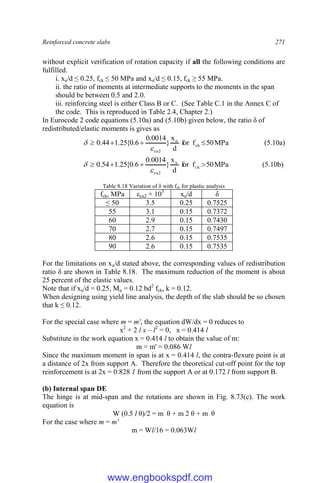 Reinforced concrete slabs 271
without explicit verification of rotation capacity if all the following conditions are
fulfilled.
i. xu/d ≤ 0.25, fck ≤ 50 MPa and xu/d ≤ 0.15, fck ≥ 55 MPa.
ii. the ratio of moments at intermediate supports to the moments in the span
should be between 0.5 and 2.0.
iii. reinforcing steel is either Class B or C. (See Table C.1 in the Annex C of
the code. This is reproduced in Table 2.4, Chapter 2.)
In Eurocode 2 code equations (5.10a) and (5.10b) given below, the ratio δ of
redistributed/elastic moments is gives as
MPa
50
f
for
d
x
}
0014
.
0
6
.
0
{
25
.
1
44
.
0 ck
u
2
cu





 (5.10a)
MPa
50
f
for
d
x
}
0014
.
0
6
.
0
{
25
.
1
54
.
0 ck
u
2
cu





 (5.10b)
Table 8.18 Variation of δ with fck for plastic analysis
fck, MPa εcu2 × 103
xu/d δ
≤ 50 3.5 0.25 0.7525
55 3.1 0.15 0.7372
60 2.9 0.15 0.7430
70 2.7 0.15 0.7497
80 2.6 0.15 0.7535
90 2.6 0.15 0.7535
For the limitations on xu/d stated above, the corresponding values of redistribution
ratio δ are shown in Table 8.18. The maximum reduction of the moment is about
25 percent of the elastic values.
Note that if xu/d = 0.25, Mu = 0.12 bd2
fck, k = 0.12.
When designing using yield line analysis, the depth of the slab should be so chosen
that k ≤ 0.12.
For the special case where m = m', the equation dW/dx = 0 reduces to
x2
+ 2 l x – l2
= 0, x = 0.414 l
Substitute in the work equation x = 0.414 l to obtain the value of m:
m = m' = 0.086 Wl
Since the maximum moment in span is at x = 0.414 l, the contra-flexure point is at
a distance of 2x from support A. Therefore the theoretical cut-off point for the top
reinforcement is at 2x = 0.828 1 from the support A or at 0.172 l from support B.
(b) Internal span DE
The hinge is at mid-span and the rotations are shown in Fig. 8.73(c). The work
equation is
W (0.5 l θ)/2 = m`
θ + m 2 θ + m`
θ
For the case where m = m'
m = Wl/16 = 0.063Wl
www.engbookspdf.com
 