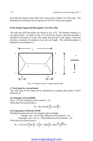 272 Reinforced concrete design to EC 2
Note that the moment value 0.063 Wl is same that in Table 8.14 of the code. The
theoretical cut-off points for the top bars are at 0.147 l from each support.
8.10.6 Simply Supported Rectangular Two-Way Slab
The slab and yield line pattern are shown in Fig. 8.76. The ultimate loading is w
per square metre. As shown in Fig. 8.74, steel in the shorter y-direction provides a
moment of resistance of m per unit length and the steel in the longer x-direction
provides a moment of resistance of μm per unit length. The yield line pattern is
defined by one parameter, β.
Fig. 8.74 Collapse mode for a simply supported slab.
1. Work done by external loads
The work done by the loads can be calculated by assuming that points E and F
deflect by Δ.
(a) Triangles ACE and BFD
Area = 0.5 b βa, deflection at the centroid = Δ/3.
Work done by external loads is




3
]
3
5
.
0
[
2
1

 qab
a
b
q
W
(b) Trapeziums CEFD and AEFB
Dividing the trapezium into two triangles and a rectangle,
Triangle: area = 0.5 b/2 βa, deflection at the centroid = Δ/3
Rectangle: area = b/2 (a – 2 βa), deflection at the centroid = Δ/2
Work done by external loads is







 }
6
)
4
3
(
{
qab
]
2
)
a
2
a
(
2
b
q
}
3
a
2
b
5
.
0
q
{
2
[
2
W2



a
b
βa βa
A B
C D
F
E
m
μm
www.engbookspdf.com
 