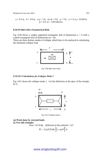 Reinforced concrete slabs 285
a = 4.5 m, b = 3.0 m, α a = 1.0, m`
/m = 5.0, μ = 3.0, γ= 1.5, q = 16 kN/m
β = 0.5, m = 3.04 kNm/m.
8.10.10 Slab with a Symmetrical Hole
Fig. 8.80 shows a simply supported rectangular slab of dimensions a × b with a
central rectangular hole of dimensions αa × αb.
There are three distinct modes of collapse which have to be analysed in calculating
the minimum collapse load.
Fig. 8.80 Slab with a hole.
8.10.10.1 Calculations for Collapse Mode 1
Fig. 8.81 shows the collapse mode 1. Let the deflection at the apex of the triangle
be Δ.
Fig. 8.81 Collapse mode 1.
(a) Work done by external loads
(i) Two side triangles
Area = 0.5 b βa, deflection at the centroid = Δ/3




3
}
3
5
.
0
{
2
1

 qab
a
b
q
W
βa
b
a D
B
C
b
A
B
D
C
A
b
a
αb
α
αa
www.engbookspdf.com
 