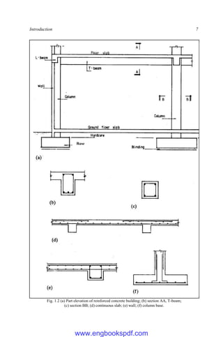 Introduction 7
Fig. 1.2 (a) Part elevation of reinforced concrete building; (b) section AA, T-beam;
(c) section BB; (d) continuous slab; (e) wall; (f) column base.
Base
www.engbookspdf.com
 
