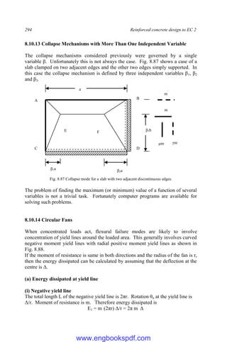 294 Reinforced concrete design to EC 2
8.10.13 Collapse Mechanisms with More Than One Independent Variable
The collapse mechanisms considered previously were governed by a single
variable β. Unfortunately this is not always the case. Fig. 8.87 shows a case of a
slab clamped on two adjacent edges and the other two edges simply supported. In
this case the collapse mechanism is defined by three independent variables β1, β2
and β3.
Fig. 8.87 Collapse mode for a slab with two adjacent discontinuous edges.
The problem of finding the maximum (or minimum) value of a function of several
variables is not a trivial task. Fortunately computer programs are available for
solving such problems.
8.10.14 Circular Fans
When concentrated loads act, flexural failure modes are likely to involve
concentration of yield lines around the loaded area. This generally involves curved
negative moment yield lines with radial positive moment yield lines as shown in
Fig. 8.88.
If the moment of resistance is same in both directions and the radius of the fan is r,
then the energy dissipated can be calculated by assuming that the deflection at the
centre is Δ.
(a) Energy dissipated at yield line
(i) Negative yield line
The total length L of the negative yield line is 2πr. Rotation θn at the yield line is
Δ/r. Moment of resistance is m. `
Therefore energy dissipated is
E1 = m`
(2πr) Δ/r = 2π m`
Δ
a
β3b
β1a β2a
A
B
C D
F
E
m
μm
m
`
γm`
www.engbookspdf.com
 