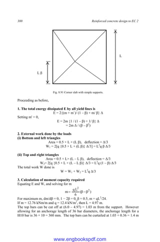 300 Reinforced concrete design to EC 2
Fig. 8.91 Corner slab with simple supports.
Proceeding as before,
1. The total energy dissipated E by all yield lines is
E = 2{(m + m`)/ (1 – β) + m/ β} Δ
Setting m' = 0,
E = 2m {1 / (1 – β) + 1/ β} Δ
= 2m Δ / (β – β2
)
2. External work done by the loads
(i) Bottom and left triangles
Area = 0.5 × L × (L β), deflection = Δ/3
W1 = 2[q {0.5 × L × (L β)} Δ/3] = L2
q β Δ/3
(ii) Top and right triangles
Area = 0.5 × L× (L – L β), deflection = Δ/3
W2= 2[q {0.5 × L × (L – L β)} Δ/3 = L2
q (1 – β) Δ/3
The total work W done is
W = W1 + W2 = L2
q Δ/3
3. Calculation of moment capacity required
Equating E and W, and solving for m
)
(
6
L
q
m 2
2




For maximum m, dm/dβ = 0, 1 − 2β = 0, β = 0.5, m = qL2
/24.
If m = 12.76 kNm/m and q = 12.4 kN/m2
, then L = 4.97 m.
The top bars can be cut off at (6.0 – 4.97) = 1.03 m from the support. However
allowing for an anchorage length of 36 bar diameters, the anchorage length for a
H10 bar is 36 × 10 = 360 mm. The top bars can be curtailed at 1.03 + 0.36 = 1.4 m
L
L β
www.engbookspdf.com
 