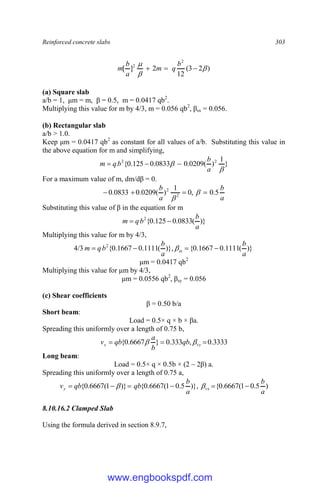 Reinforced concrete slabs 303
)
2
3
(
12
2
]
[
2
2






b
q
m
a
b
m
(a) Square slab
a/b = 1, μm = m, β = 0.5, m = 0.0417 qb2
.
Multiplying this value for m by 4/3, m = 0.056 qb2
, βsx = 0.056.
(b) Rectangular slab
a/b > 1.0.
Keep μm = 0.0417 qb2
as constant for all values of a/b. Substituting this value in
the above equation for m and simplifying,
}
1
)
(
0209
.
0
0833
.
0
125
.
0
{ 2
2


a
b
b
q
m 


For a maximum value of m, dm/dβ = 0.
a
b
a
b
5
.
0
,
0
1
)
(
0209
.
0
0833
.
0 2
2



 

Substituting this value of β in the equation for m
)}
(
0833
.
0
125
.
0
{
2
a
b
b
q
m 

Multiplying this value for m by 4/3,
4/3 )}
(
1111
.
0
1667
.
0
{
)},
(
1111
.
0
1667
.
0
{
2
a
b
a
b
b
q
m sx 


 
μm = 0.0417 qb2
Multiplying this value for μm by 4/3,
μm = 0.0556 qb2
, βsy = 0.056
(c) Shear coefficients
β = 0.50 b/a
Short beam:
Load = 0.5× q × b × βa.
Spreading this uniformly over a length of 0.75 b,
3333
.
0
,
333
.
0
}
6667
.
0
{ 

 vy
x qb
b
a
qb
v 

Long beam:
Load = 0.5× q × 0.5b × (2 – 2β) a.
Spreading this uniformly over a length of 0.75 a,
)
5
.
0
1
(
6667
.
0
{
)},
5
.
0
1
(
6667
.
0
{
)}
1
(
6667
.
0
{
a
b
a
b
qb
qb
v vx
y 




 

8.10.16.2 Clamped Slab
Using the formula derived in section 8.9.7,
www.engbookspdf.com
 
