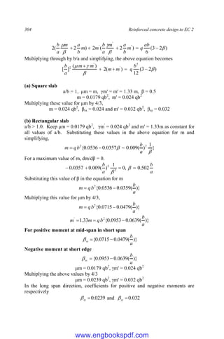 304 Reinforced concrete design to EC 2
)
2
3
(
6
)
2
(
2
)
2
(
2 '
'
'










ab
q
m
b
a
m
a
b
m
m
b
a
m
a
b
Multiplying through by b/a and simplifying, the above equation becomes
)
2
3
(
12
)
(
2
)
(
]
[
2
'
'
2








 b
q
m
m
m
m
a
b
(a) Square slab
a/b = 1, μm = m, γm' = m' = 1.33 m, β = 0.5
m = 0.0179 qb2
, m' = 0.024 qb2
Multiplying these value for μm by 4/3,
m = 0.024 qb2
, βsx = 0.024 and m' = 0.032 qb2
, βsy = 0.032
(b) Rectangular slab
a/b > 1.0. Keep μm = 0.0179 qb2
, γm'
= 0.024 qb2
and m' = 1.33m as constant for
all values of a/b. Substituting these values in the above equation for m and
simplifying,
}
1
)
(
009
.
0
0357
.
0
0536
.
0
{ 2
2


a
b
b
q
m 


For a maximum value of m, dm/dβ = 0.
a
b
a
b
502
.
0
,
0
1
)
(
009
.
0
0357
.
0 2
2



 

Substituting this value of β in the equation for m
)}
(
0359
.
0
0536
.
0
{
2
a
b
b
q
m 

Multiplying this value for μm by 4/3,
)}
(
0479
.
0
0715
.
0
{
2
a
b
b
q
m 

)}
(
0639
.
0
0953
.
0
{
33
.
1 2
'
a
b
b
q
m
m 


For positive moment at mid-span in short span
)}
(
0479
.
0
0715
.
0
{
a
b
sx 


Negative moment at short edge
)}
(
0639
.
0
0953
.
0
{
a
b
sx 


μm = 0.0179 qb2
, γm' = 0.024 qb2
Multiplying the above values by 4/3
μm = 0.0239 qb2
, γm' = 0.032 qb2
In the long span direction, coefficients for positive and negative moments are
respectively
0239
.
0

sy
 and 032
.
0

sy

www.engbookspdf.com
 