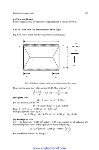 Reinforced concrete slabs 305
(c) Shear coefficients
Follow the procedure for the simply supported slab in section 8.9.16.1.
8.10.16.3 Slab with Two Discontinuous Short Edges
Fig. 8.93 shows a slab with two discontinuous short edges.
Fig. 8.93 Collapse mode for a slab with two discontinuous short edges.
Using the formulae derived in section 8.8.16.2 but with γm' = 0,
)
2
3
(
12
)
(
2
]
[
2
'
2







b
q
m
m
m
a
b
(a) Square slab
a/b = 1, μm = m, m' = 1.33 m.
For maximum m, dm/dβ = 0
3918
.
0
,
0
3214
.
0
4286
.
0
2



 


Using β = 0.3918, m = 0.026 qb2
, m' = 0.034 qb2
.
Multiplying these values by 4/3,
m = 0.034 qb2
, βsx = 0.034 and m' = 0.046 qb2
, βsy = 0.046
(b) Rectangular slab
a/b > 1.0. Keep μm = 0.026 qb2
and m' = 1.33 m as constant for all values of a/b.
Substituting these values in the equation for m and simplifying,
}
1
)
(
0056
.
0
0357
.
0
0536
.
0
{ 2
2


a
b
b
q
m 


For a maximum value of m, dm/dβ = 0.
a
b
βa βa
A B
C D
F
E
m
μm
m
`
www.engbookspdf.com
 