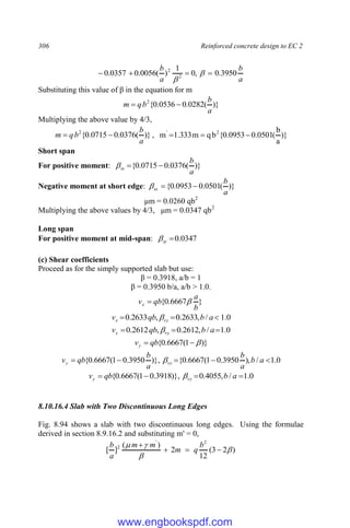 306 Reinforced concrete design to EC 2
a
b
a
b
3950
.
0
,
0
1
)
(
0056
.
0
0357
.
0 2
2



 

Substituting this value of β in the equation for m
)}
(
0282
.
0
0536
.
0
{
2
a
b
b
q
m 

Multiplying the above value by 4/3,
)}
(
0376
.
0
0715
.
0
{
2
a
b
b
q
m 
 , )}
a
b
(
0501
.
0
0953
.
0
{
b
q
m
333
.
1
m 2
'



Short span
For positive moment: )}
(
0376
.
0
0715
.
0
{
a
b
sx 


Negative moment at short edge: )}
(
0501
.
0
0953
.
0
{
a
b
sx 


μm = 0.0260 qb2
Multiplying the above values by 4/3, μm = 0.0347 qb2
Long span
For positive moment at mid-span: 0347
.
0

sy

(c) Shear coefficients
Proceed as for the simply supported slab but use:
β = 0.3918, a/b = 1
β = 0.3950 b/a, a/b > 1.0.
}
6667
.
0
{
b
a
qb
vx 

0
.
1
/
,
2633
.
0
,
2633
.
0 

 a
b
qb
v vy
x 
0
.
1
/
,
2612
.
0
,
2612
.
0 

 a
b
qb
v vy
x 
)}
1
(
6667
.
0
{ 

 qb
vy
0
.
1
/
),
3950
.
0
1
(
6667
.
0
{
)},
3950
.
0
1
(
6667
.
0
{ 



 a
b
a
b
a
b
qb
v vy
y 
0
.
1
/
,
4055
.
0
)},
3918
.
0
1
(
6667
.
0
{ 


 a
b
qb
v vy
y 
8.10.16.4 Slab with Two Discontinuous Long Edges
Fig. 8.94 shows a slab with two discontinuous long edges. Using the formulae
derived in section 8.9.16.2 and substituting m' = 0,
)
2
3
(
12
2
)
(
]
[
2
'
2







 b
q
m
m
m
a
b
www.engbookspdf.com
 
