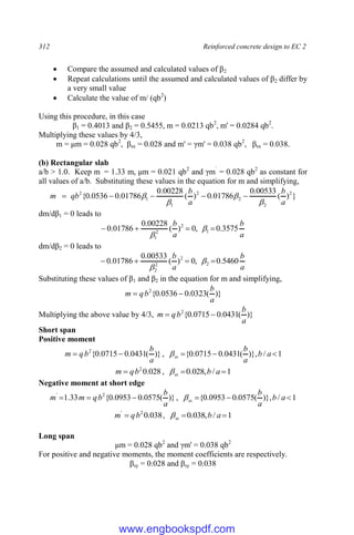 312 Reinforced concrete design to EC 2
 Compare the assumed and calculated values of β2
 Repeat calculations until the assumed and calculated values of β2 differ by
a very small value
 Calculate the value of m/ (qb2
)
Using this procedure, in this case
β1 = 0.4013 and β2 = 0.5455, m = 0.0213 qb2
, m' = 0.0284 qb2
.
Multiplying these values by 4/3,
m = μm = 0.028 qb2
, βsx = 0.028 and m' = γm' = 0.038 qb2
, βsx = 0.038.
(b) Rectangular slab
a/b > 1.0. Keep m`
= 1.33 m, μm = 0.021 qb2
and γm`
= 0.028 qb2
as constant for
all values of a/b. Substituting these values in the equation for m and simplifying,
}
)
(
00533
.
0
01786
.
0
)
(
00228
.
0
01786
.
0
0536
.
0
{ 2
2
2
2
1
1
2
a
b
a
b
qb
m



 




dm/dβ1 = 0 leads to
a
b
a
b
3575
.
0
,
0
)
(
00228
.
0
01786
.
0 1
2
2
1



 

dm/dβ2 = 0 leads to
a
b
a
b
5460
.
0
,
0
)
(
00533
.
0
01786
.
0 2
2
2
2



 

Substituting these values of β1 and β2 in the equation for m and simplifying,
)}
(
0323
.
0
0536
.
0
{
2
a
b
b
q
m 

Multiplying the above value by 4/3, )}
(
0431
.
0
0715
.
0
{
2
a
b
b
q
m 

Short span
Positive moment
)}
(
0431
.
0
0715
.
0
{
2
a
b
b
q
m 
 , 1
/
)},
(
0431
.
0
0715
.
0
{ 

 a
b
a
b
sx

028
.
0
2
b
q
m  , 1
/
,
028
.
0 
 a
b
sx

Negative moment at short edge
)}
(
0575
.
0
0953
.
0
{
33
.
1 2
'
a
b
b
q
m
m 

 , 1
/
)},
(
0575
.
0
0953
.
0
{ 

 a
b
a
b
sx

038
.
0
2
'
b
q
m  , 1
/
,
038
.
0 
 a
b
sx

Long span
μm = 0.028 qb2
and γm' = 0.038 qb2
For positive and negative moments, the moment coefficients are respectively.
βsy = 0.028 and βsy = 0.038
www.engbookspdf.com
 