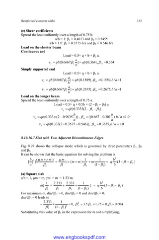 Reinforced concrete slabs 313
(c) Shear coefficients
Spread the load uniformly over a length of 0.75 b.
a/b = 1: β1 = 0.4013 and β2 = 0.5455
a/b > 1.0: β1 = 0.3575 b/a and β2 = 0.546 b/a
Load on the shorter beam
Continuous end
Load = 0.5× q × b × β2 a.
364
.
0
},
364
.
0
{
}
6667
.
0
{ 2 

 vx
x qb
b
a
qb
v 

Simply supported end
Load = 0.5× q × b × β1 a.
1
/
,
1589
.
0
},
1589
.
0
{
}
6667
.
0
{ 1 


 a
b
qb
b
a
qb
v vx
x 

1
/
,
2675
.
0
},
2675
.
0
{
}
6667
.
0
{ 1 


 a
b
qb
b
a
qb
v vx
x 

Load on the longer beam
Spread the load uniformly over a length of 0.75 a.
Load = 0.5× q × 0.5b × (2 – β1 – β2) a
}
2
(
3333
.
0
{ 2
1 
 

 qb
vy
0
.
1
/
),
301
.
0
667
.
0
{(
)},
9035
.
0
2
(
333
.
0
{ 




 a
b
a
b
a
b
qb
v vy
y 
0
.
1
/
,
3655
.
0
)},
546
.
0
3575
.
0
2
(
333
.
0
{ 



 a
b
qb
v vy
y 
8.10.16.7 Slab with Two Adjacent Discontinuous Edges
Fig. 8.97 shows the collapse mode which is governed by three parameters β1, β2
and β3.
It can be shown that the basic equation for solving the problem is
)
3
(
6
)
1
(
1
1
)
(
}
)
(
{
]
[ 2
1
2
3
3
'
1
2
'
2

















 b
q
m
m
m
m
m
m
a
b
(a) Square slab
a/b = 1, μm = m, γm`
= m`
= 1.33 m.
)
3
(
6
}
)
1
(
1
333
.
2
333
.
2
1
{ 2
1
2
3
3
2
1













b
q
m
For maximum m, dm/dβ1 = 0, dm/dβ2 = 0 and dm/dβ3 = 0.
dm/dβ3 = 0 leads to
604
.
0
,
0
75
.
1
5
.
3
,
0
)
1
(
1
333
.
2
3
3
2
3
2
3
2
3







 




Substituting this value of β3 in the expression for m and simplifying,
www.engbookspdf.com
 