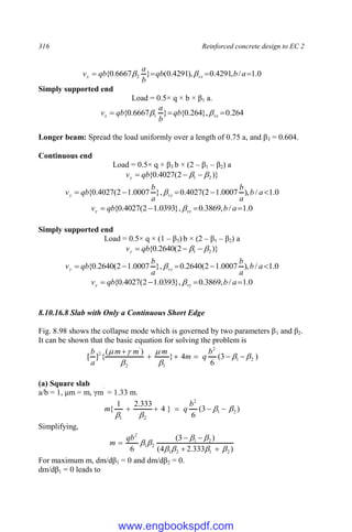 316 Reinforced concrete design to EC 2
0
.
1
/
,
4291
.
0
),
4291
.
0
(
}
6667
.
0
{ 2 


 a
b
qb
b
a
qb
v vx
x 

Simply supported end
Load = 0.5× q × b × β1 a.
264
.
0
},
264
.
0
{
}
6667
.
0
{ 1 

 vx
x qb
b
a
qb
v 

Longer beam: Spread the load uniformly over a length of 0.75 a, and β3 = 0.604.
Continuous end
Load = 0.5× q × β3 b × (2 – β1 – β2) a
)}
2
(
4027
.
0
{ 2
1 
 

 qb
vy
0
.
1
/
),
0007
.
1
2
(
4027
.
0
,
}
0007
.
1
2
(
4027
.
0
{ 



 a
b
a
b
a
b
qb
v vy
y 
0
.
1
/
,
3869
.
0
,
}
0393
.
1
2
(
4027
.
0
{ 


 a
b
qb
v vy
y 
Simply supported end
Load = 0.5× q × (1 – β3) b × (2 – β1 – β2) a
)}
2
(
2640
.
0
{ 2
1 
 

 qb
vy
0
.
1
/
),
0007
.
1
2
(
2640
.
0
,
}
0007
.
1
2
(
2640
.
0
{ 



 a
b
a
b
a
b
qb
v vy
y 
0
.
1
/
,
3869
.
0
,
}
0393
.
1
2
(
4027
.
0
{ 


 a
b
qb
v vy
y 
8.10.16.8 Slab with Only a Continuous Short Edge
Fig. 8.98 shows the collapse mode which is governed by two parameters β1 and β2.
It can be shown that the basic equation for solving the problem is
)
3
(
6
4
}
)
(
{
]
[ 2
1
2
1
2
'
2












 b
q
m
m
m
m
a
b
(a) Square slab
a/b = 1, μm = m, γm`
= 1.33 m.
)
3
(
6
}
4
333
.
2
1
{ 2
1
2
2
1









b
q
m
Simplifying,
)
333
.
2
4
(
)
3
(
6 2
1
2
1
2
1
2
1
2













qb
m
For maximum m, dm/dβ1 = 0 and dm/dβ2 = 0.
dm/dβ1 = 0 leads to
www.engbookspdf.com
 