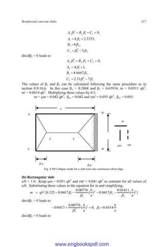Reinforced concrete slabs 317
2
2
2
1
2
1
2
1
1
1
1
2
1
3
,
6
,
3333
.
2
4
,
0
1














C
B
A
C
B
A
dm/dβ2 = 0 leads to
1
2
1
2
1
2
1
2
2
2
2
2
2
7
33
.
2
,
6667
.
4
,
1
4
,
0
2














C
B
A
C
B
A
The values of β1 and β2 can be calculated following the same procedure as in
section 8.9.16.6. In this case β1 = 0.2868 and β2 = 0.65934, m = 0.0311 qb2
,
m' = 0.0414 qb2
. Multiplying these values by 4/3,
m = μm = 0.042 qb2
, βsx = 0.042 and γm' = 0.055 qb2
, βsx = 0.055.
Fig. 8.98 Collapse mode for a slab with one continuous short edge.
(b) Rectangular slab
a/b > 1.0. Keep μm = 0.031 qb2
and γm' = 0.041 qb2
as constant for all values of
a/b. Substituting these values in the equation for m and simplifying,
}
)
(
01811
.
0
0417
.
0
)
(
00776
.
0
0417
.
0
125
.
0
{ 2
2
2
2
1
1
2
a
b
a
b
qb
m



 




dm/dβ1 = 0 leads to
a
b
a
b
4314
.
0
,
0
)
(
00776
.
0
0417
.
0 1
2
2
1



 

dm/dβ2 = 0 leads to
a
β1a β2a
A B
C D
F
E
m
μm γm`
www.engbookspdf.com
 