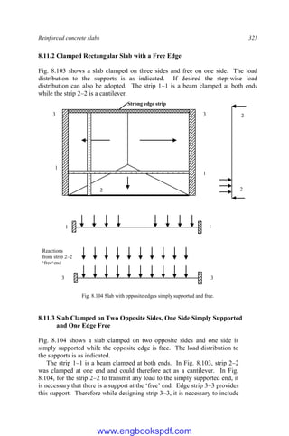 Reinforced concrete slabs 323
8.11.2 Clamped Rectangular Slab with a Free Edge
Fig. 8.103 shows a slab clamped on three sides and free on one side. The load
distribution to the supports is as indicated. If desired the step-wise load
distribution can also be adopted. The strip 1–1 is a beam clamped at both ends
while the strip 2–2 is a cantilever.
Fig. 8.104 Slab with opposite edges simply supported and free.
8.11.3 Slab Clamped on Two Opposite Sides, One Side Simply Supported
and One Edge Free
Fig. 8.104 shows a slab clamped on two opposite sides and one side is
simply supported while the opposite edge is free. The load distribution to
the supports is as indicated.
The strip 1–1 is a beam clamped at both ends. In Fig. 8.103, strip 2–2
was clamped at one end and could therefore act as a cantilever. In Fig.
8.104, for the strip 2–2 to transmit any load to the simply supported end, it
is necessary that there is a support at the ‘free’ end. Edge strip 3–3 provides
this support. Therefore while designing strip 3–3, it is necessary to include
Reactions
from strip 2–2
‘free‘end
Strong edge strip
2
2
1
1
2
3 3
2
1
1
3 3
www.engbookspdf.com
 