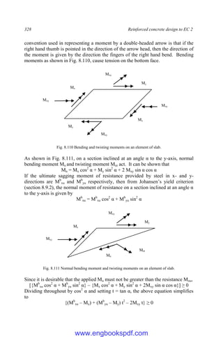 328 Reinforced concrete design to EC 2
convention used in representing a moment by a double-headed arrow is that if the
right hand thumb is pointed in the direction of the arrow head, then the direction of
the moment is given by the direction the fingers of the right hand bend. Bending
moments as shown in Fig. 8.110, cause tension on the bottom face.
Fig. 8.110 Bending and twisting moments on an element of slab.
As shown in Fig. 8.111, on a section inclined at an angle α to the y-axis, normal
bending moment Mn and twisting moment Mnt act. It can be shown that
Mn = Mx cos2
α + My sin2
α + 2 Mxy sin α cos α
If the ultimate sagging moment of resistance provided by steel in x- and y-
directions are Mb
xu and Mb
yu respectively, then from Johansen’s yield criterion
(section 8.9.2), the normal moment of resistance on a section inclined at an angle α
to the y-axis is given by
Mb
nu = Mb
xu cos2
α + Mb
yu sin2
α
Fig. 8.111 Normal bending moment and twisting moments on an element of slab.
Since it is desirable that the applied Mn must not be greater than the resistance Mnu,
[{Mb
xu cos2
α + Mb
yu sin2
α} – {Mx cos2
α + My sin2
α + 2Mxy sin α cos α}] ≥ 0
Dividing throughout by cos2
α and setting t = tan α, the above equation simplifies
to
{(Mb
xu – Mx) + (Mb
yu – My) t2
– 2Mxy t} ≥ 0
Mn
Mnt
My
Mxy
Mxy
Mx
Mxy
Mx
Mxy
My
Mxy
Mxy
Mx
My
www.engbookspdf.com
 