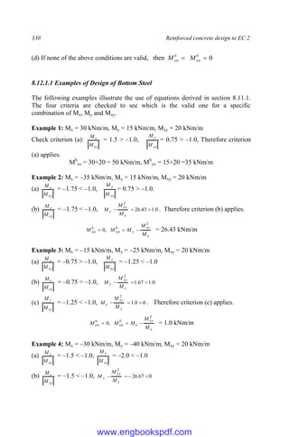 330 Reinforced concrete design to EC 2
(d) If none of the above conditions are valid, then 0

 b
xu
b
yu M
M
8.12.1.1 Examples of Design of Bottom Steel
The following examples illustrate the use of equations derived in section 8.11.1.
The four criteria are checked to see which is the valid one for a specific
combination of Mx, My and Mxy.
Example 1: Mx = 30 kNm/m, My = 15 kNm/m, Mxy = 20 kNm/m
Check criterion (a):
xy
x
M
M
= 1.5 > –1.0,
xy
y
M
M
= 0.75 > –1.0, Therefore criterion
(a) applies.
Mb
xu = 30+20 = 50 kNm/m, Mb
yu = 15+20 =35 kNm/m
Example 2: Mx = –35 kNm/m, My = 15 kNm/m, Mxy = 20 kNm/m
(a)
xy
x
M
M
= –1.75 < –1.0,
xy
y
M
M
= 0.75 > –1.0.
(b)
xy
x
M
M
= –1.75 < –1.0, 0
.
1
43
.
26
2



x
xy
y
M
M
M . Therefore criterion (b) applies.
x
xy
y
b
yu
b
xu
M
M
M
M
M
2
,
0 

 = 26.43 kNm/m
Example 3: Mx = –15 kNm/m, My = –25 kNm/m, Mxy = 20 kNm/m
(a)
xy
x
M
M
= –0.75 > –1.0,
xy
y
M
M
= –1.25 < –1.0
(b)
xy
x
M
M
= –0.75 > –1.0, 0
.
1
67
.
1
2



x
xy
y
M
M
M
(c)
xy
y
M
M
= –1.25 < –1.0, 0
0
.
1
2



y
xy
x
M
M
M . Therefore criterion (c) applies.
y
xy
x
b
xu
b
yu
M
M
M
M
M
2
,
0 

 = 1.0 kNm/m
Example 4: Mx = –30 kNm/m, My = –40 kNm/m, Mxy = 20 kNm/m
(a)
xy
x
M
M
= –1.5 < –1.0,
xy
y
M
M
= –2.0 < –1.0
(b)
xy
x
M
M
= –1.5 < –1.0, 0
67
.
26
2




x
xy
y
M
M
M
www.engbookspdf.com
 