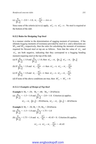 Reinforced concrete slabs 331
(c)
xy
y
M
M
= –2.0 < –1.0, 0
0
.
20
2




y
xy
x
M
M
M
Since none of the criteria (a) to (c) apply, 0
,
0 
 b
xu
b
yu M
M . No steel is required at
the bottom of the slab.
8.12.2 Rules for Designing Top Steel
In a manner similar to the determination of sagging moment of resistance, if the
ultimate hogging moments of resistance provided by steel in x- and y-directions are
Mt
xu and Mt
yu respectively, then the rules for calculating the moment of resistance
required for flexural steel at top are as follows. Note that the value of t
xu
M and
t
yu
M are both negative, indicating that they correspond to a hogging bending
moment requiring steel at the top of the slab.
(a) If
xy
x
M
M
≤ 1.0 and
xy
y
M
M
≤ 1.0, then xy
y
t
yu
xy
x
t
xu M
M
M
M
M
M 


 ,
(b) If
xy
y
M
M
> 1.0 and 0
2


y
xy
x
M
M
M then
y
xy
x
t
xu
t
yu
M
M
M
M
M
2
,
0 


(c) If
xy
x
M
M
> 1.0 and 0
2


x
xy
y
M
M
M then
x
xy
y
t
yu
t
xu
M
M
M
M
M
2
,
0 


(d) If none of the above conditions are true, then 0

 t
xu
t
yu M
M
8.12.2.1 Examples of Design of Top Steel
Example 1: Mx = –30, My = –40, Mxy = 20 kNm/m
(a)
xy
x
M
M
= –1.5 < 1.0 and
xy
y
M
M
= –2.0 < 1.0. Criterion (a) applies.
xy
x
t
xu M
M
M 
 = –50 kNm/m, xy
y
t
yu M
M
M 
 = –60 kNm/m
Example 2: Mx = –30, My = 35, Mxy = 20 kNm/m
(a)
xy
x
M
M
= –1.5 < 1.0 and
xy
y
M
M
= 1.75 > 1.0
(b)
xy
y
M
M
= 1.75 > 1.0 and
y
xy
x
M
M
M
2
 = –41.43 < 0. Criterion (b) applies.
y
xy
x
t
xu
t
yu
M
M
M
M
M
2
,
0 

 = –41.43
www.engbookspdf.com
 